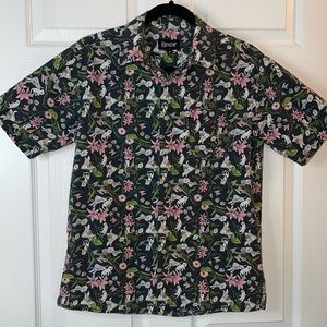 Tropical leafs and cats button up polo